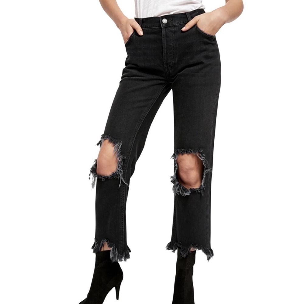 FREE PEOPLE We the Free Maggie Mid-Rise Straight Leg Jeans Black Distressed, 29